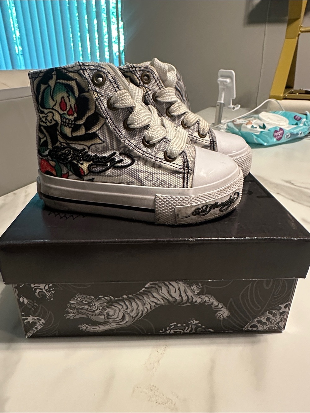 Ed Hardy White High-Top Sneakers with Skull & Rose Artwork